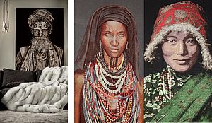 drei Gobelin-Bilder von einem Inder, einem Afrikaner und einem Tibetaner