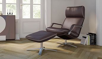 Relaxsessel und Hocker Nasa von Berg furniture in dunkelbraunem Lederbezug