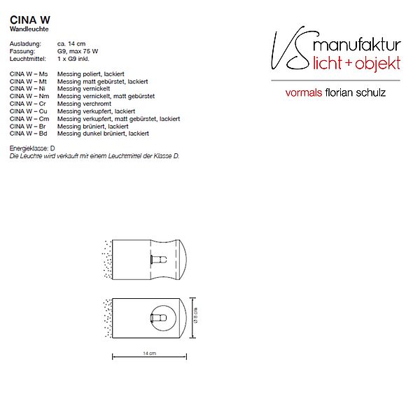 Wandleuchte von VS Manufaktur Modell Cina W