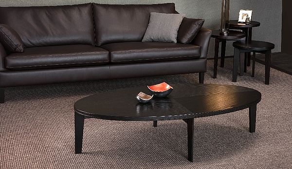 BW ovaler Couchtisch in wengefarben und Leder-Sofa Saloni in dunkelbraun