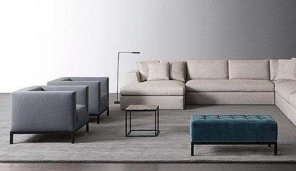 Meridiani Sessel und Hocker in mittelgrauem Stoff