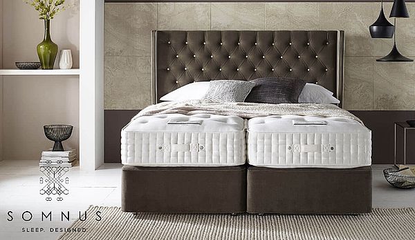 Somnus Veritas Boxspringbett Modell Magnus mit Kopfteil Westminster in braun mit Knopfheftung