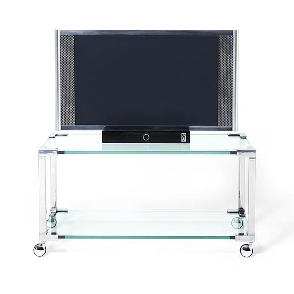 TV Kommode aus Glas und Metall von Ghyczy Modell TT55DB mit Rollen