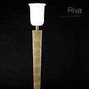 Stehleuchte Riva mit goldenem Holzfuß und weißem Glas-Schirm von Fitz leuchten