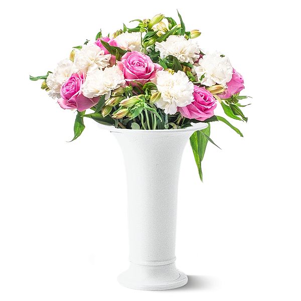 KPM Trometenform Vase in weiß mit rose und weißen Blumen